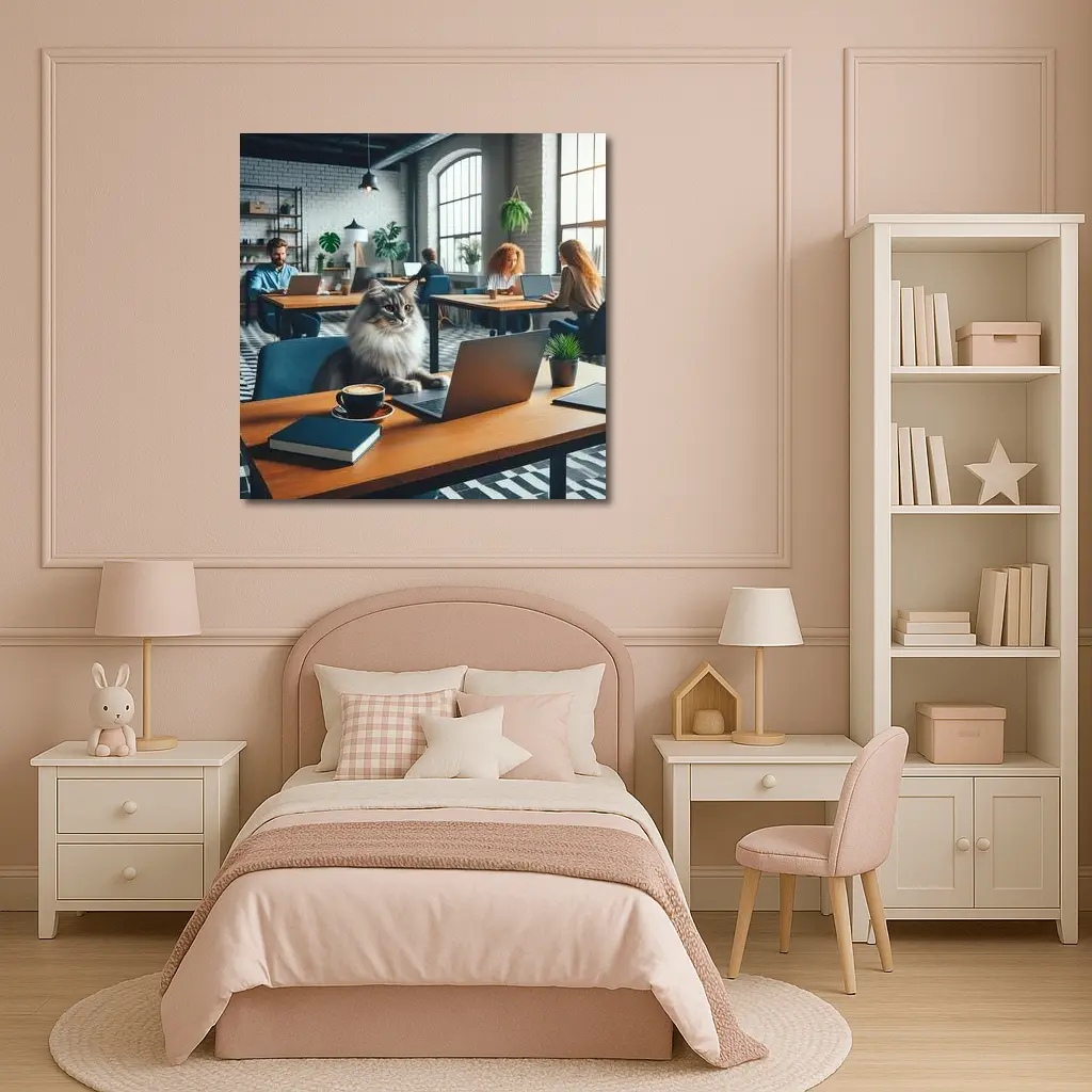 Gray Cat Working Laptop Cozy Office – Wall Art