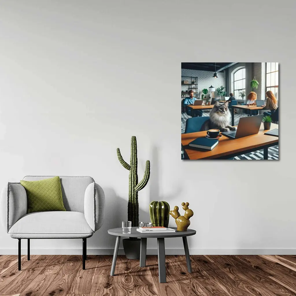 Gray Cat Working Laptop Cozy Office – Wall Art