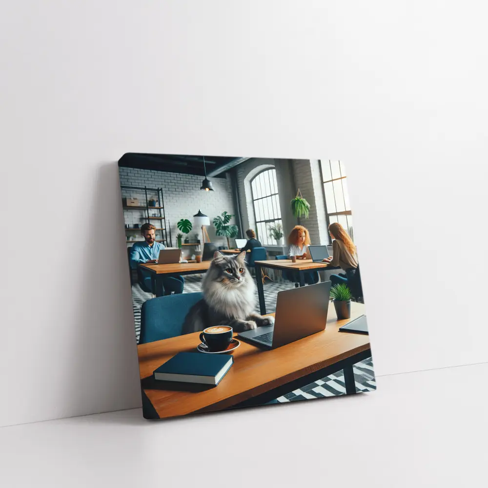 Gray Cat Working Laptop Cozy Office – Wall Art