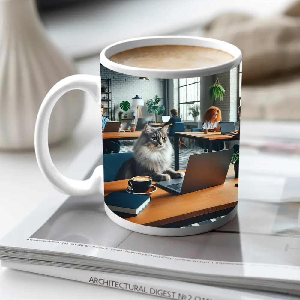 Gray Cat Working Laptop Cozy Office – Mugs