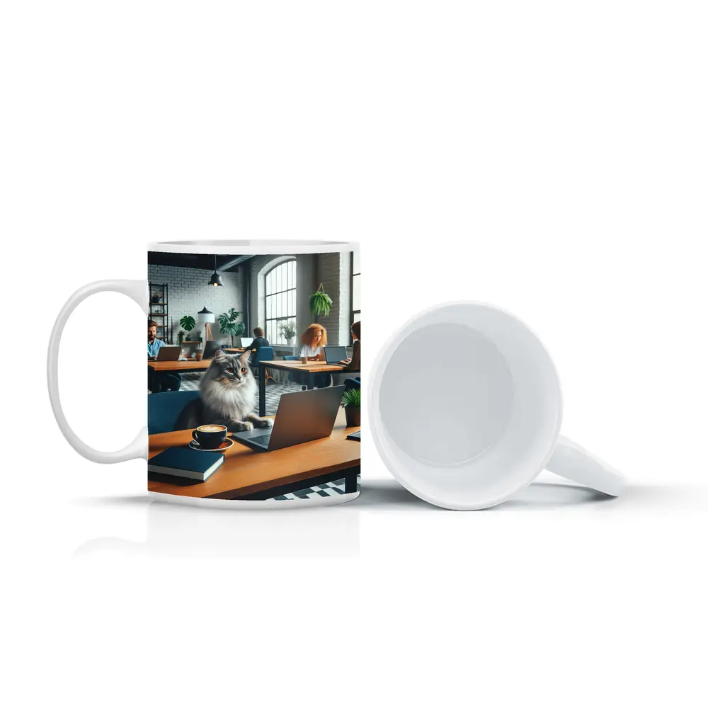 Gray Cat Working Laptop Cozy Office – Mugs
