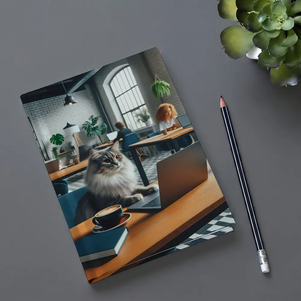 Gray Cat Working Laptop Cozy Office – Notebooks