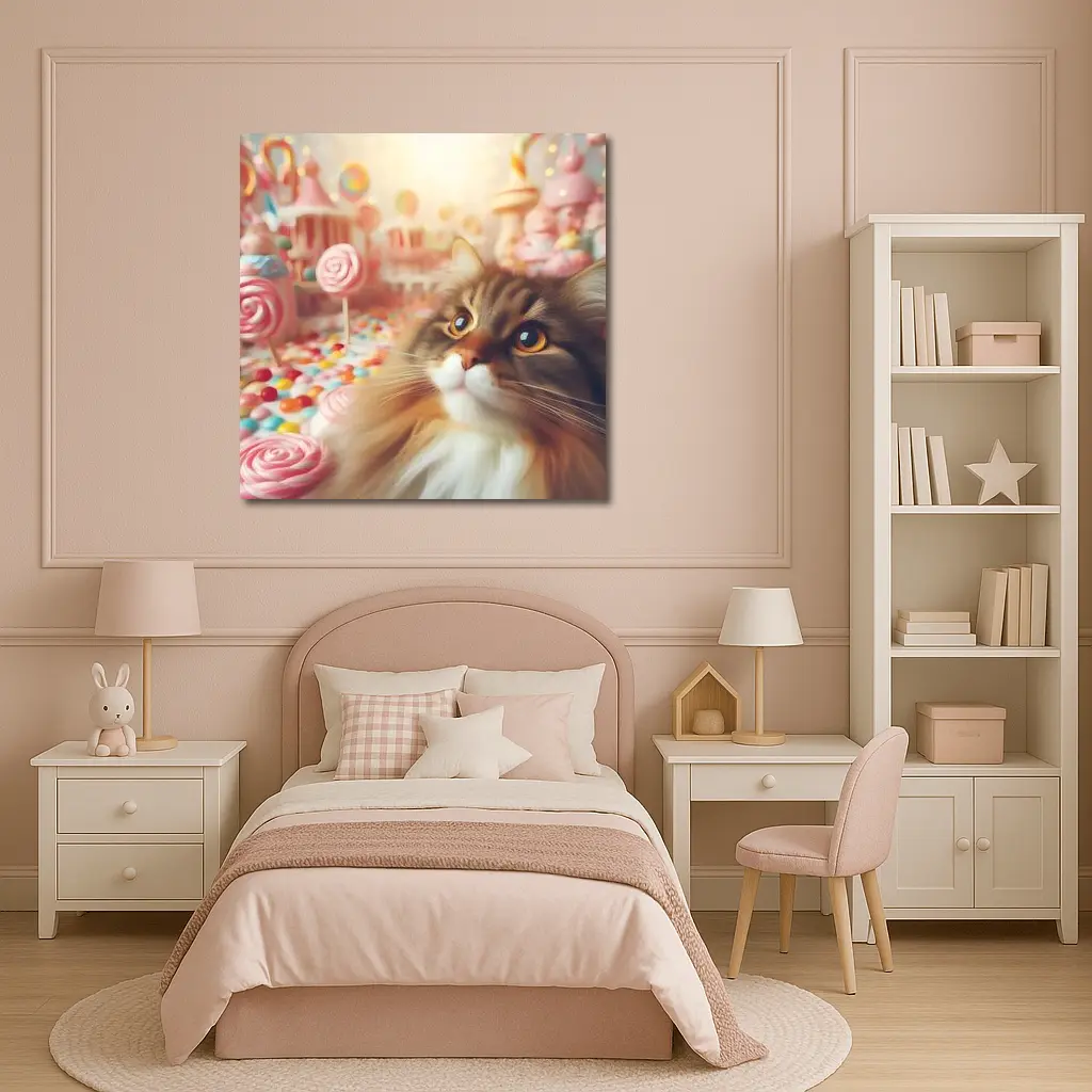 Fluffy Cat in Colorful Candy Fantasy World – Wall Art