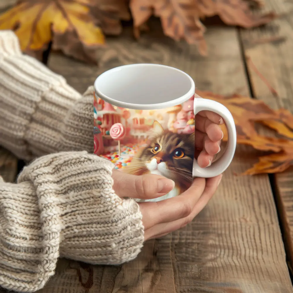 Fluffy Cat in Colorful Candy Fantasy World – Mugs