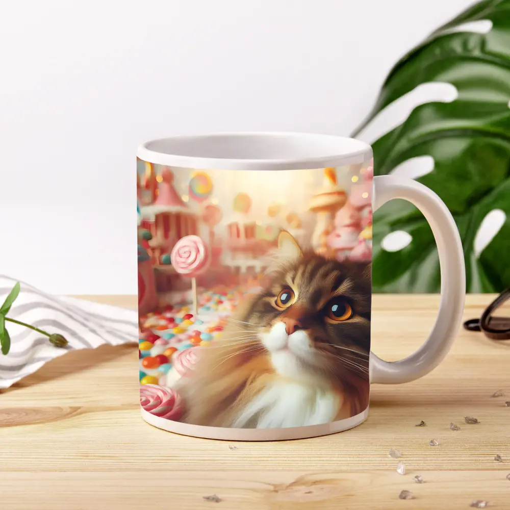 Fluffy Cat in Colorful Candy Fantasy World – Mugs