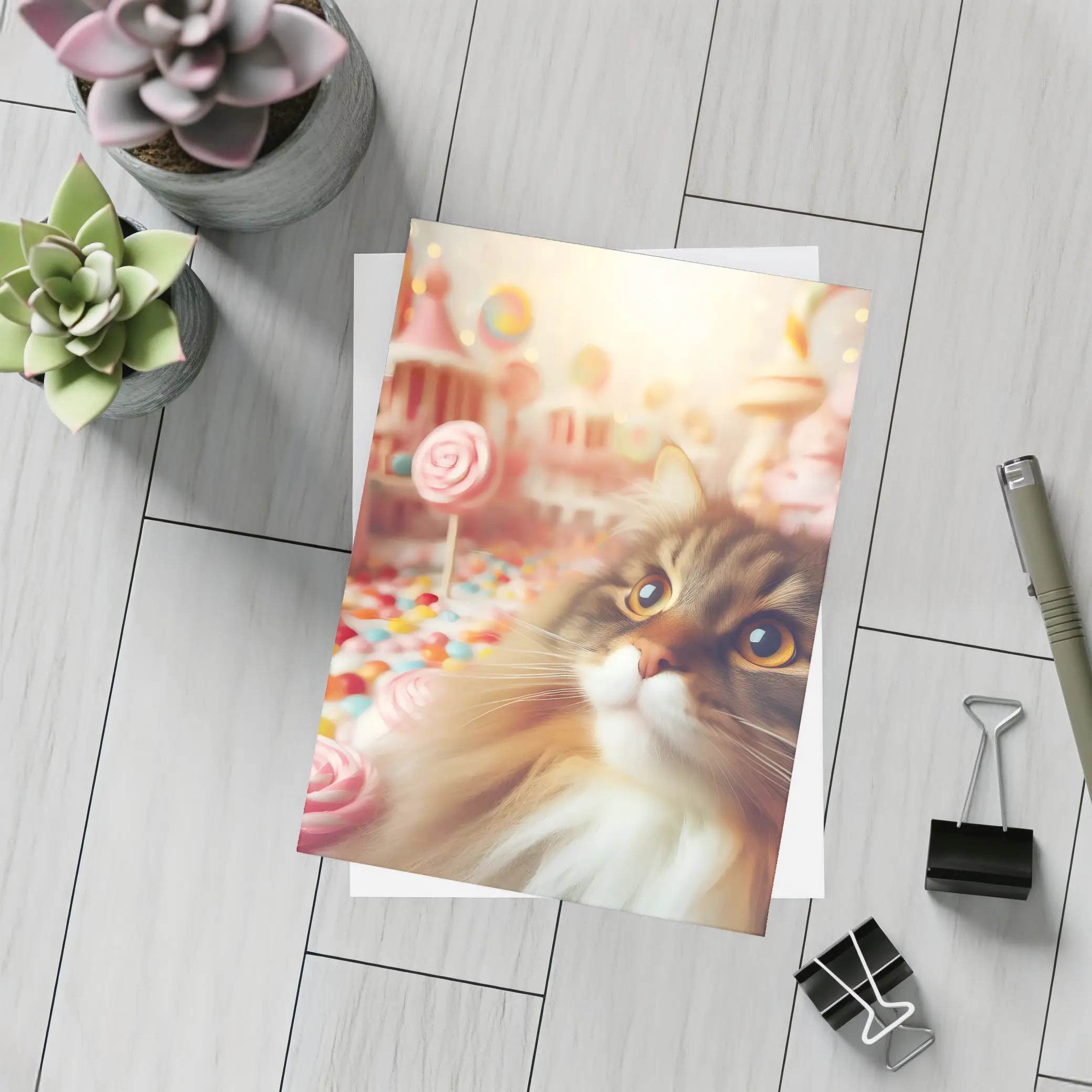 Fluffy Cat in Colorful Candy Fantasy World – Postcards
