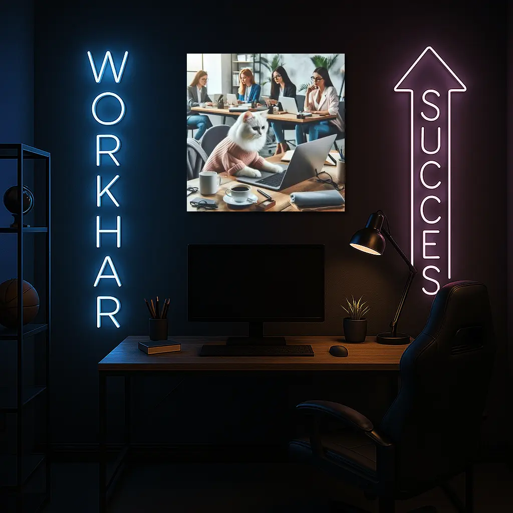White Cat Working Laptop Office Coworkers – Wall Art