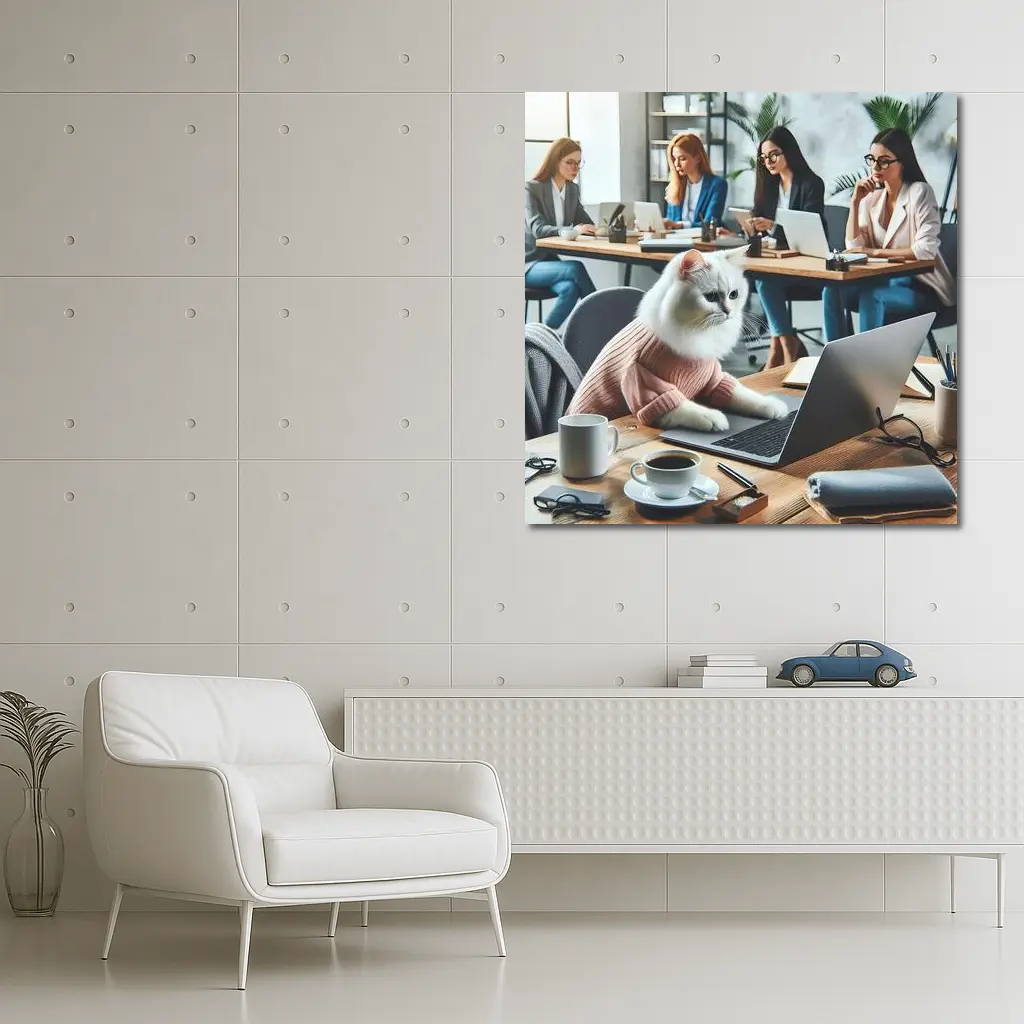 White Cat Working Laptop Office Coworkers – Wall Art