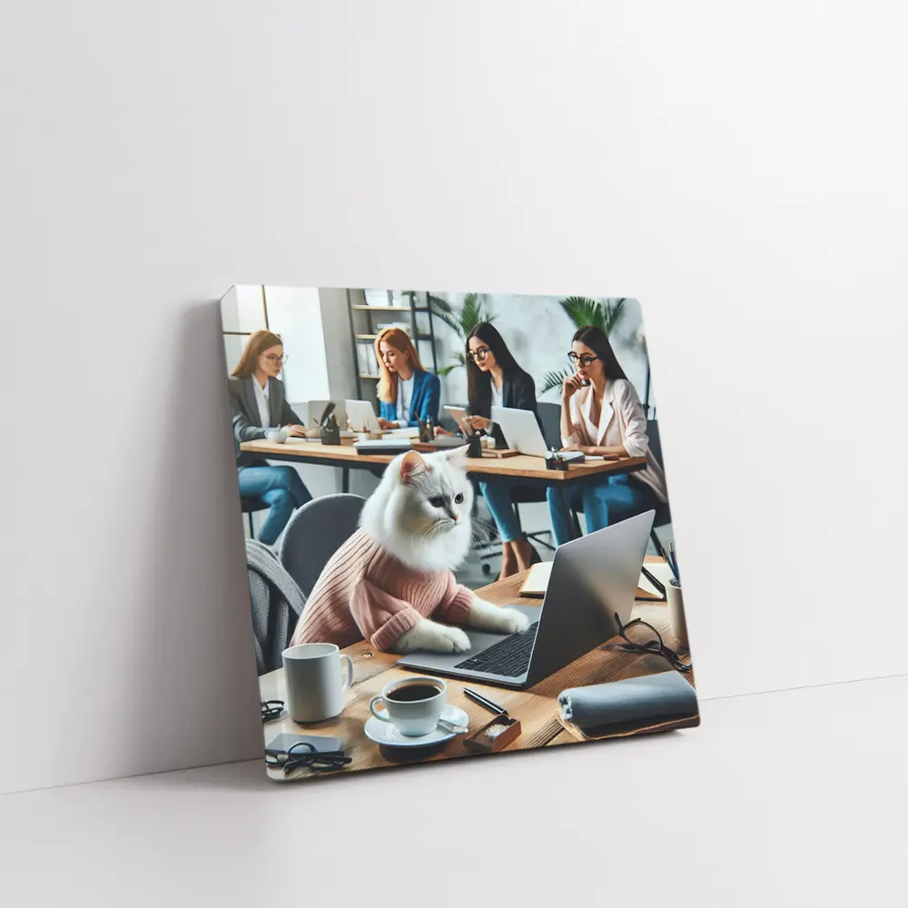 White Cat Working Laptop Office Coworkers – Wall Art