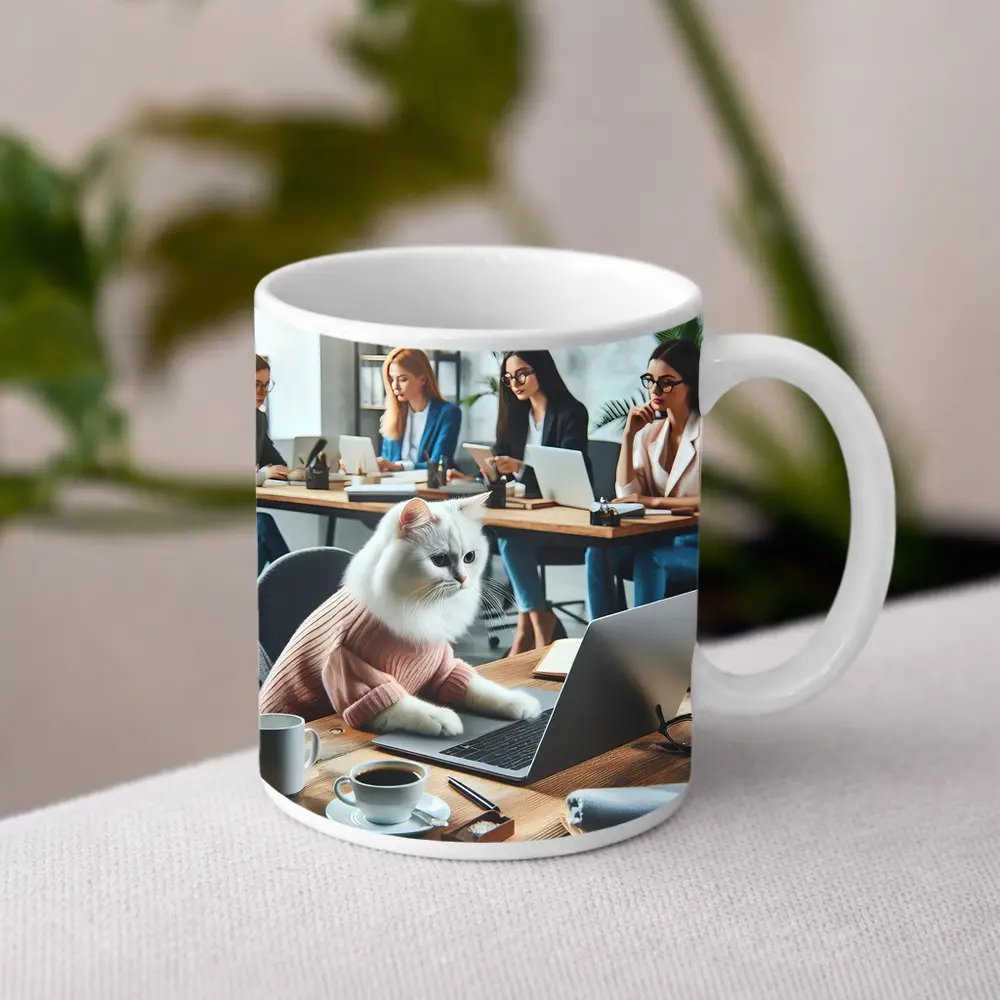 White Cat Working Laptop Office Coworkers – Mugs