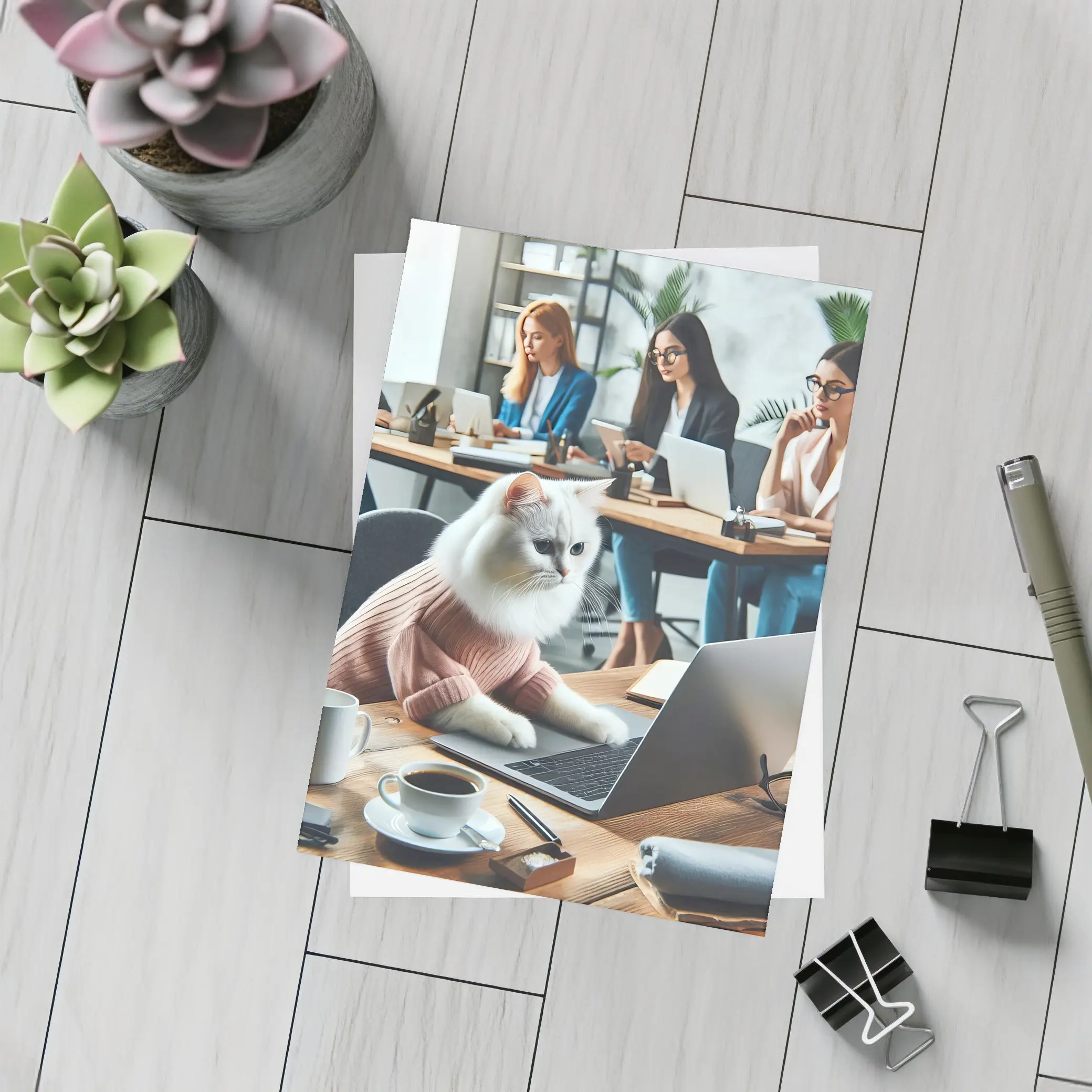 White Cat Working Laptop Office Coworkers – Postcards