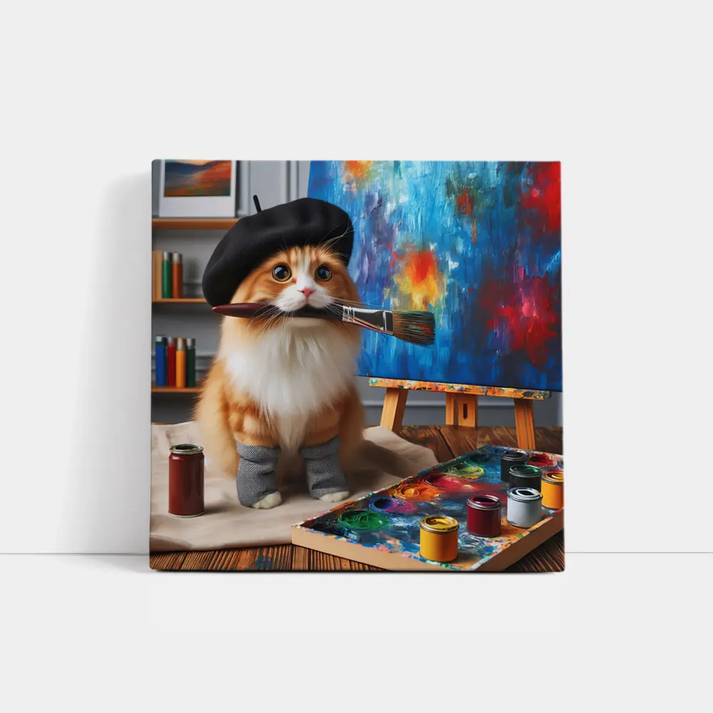 Orange Cat Artist Beret Painting Studio – Wall Art