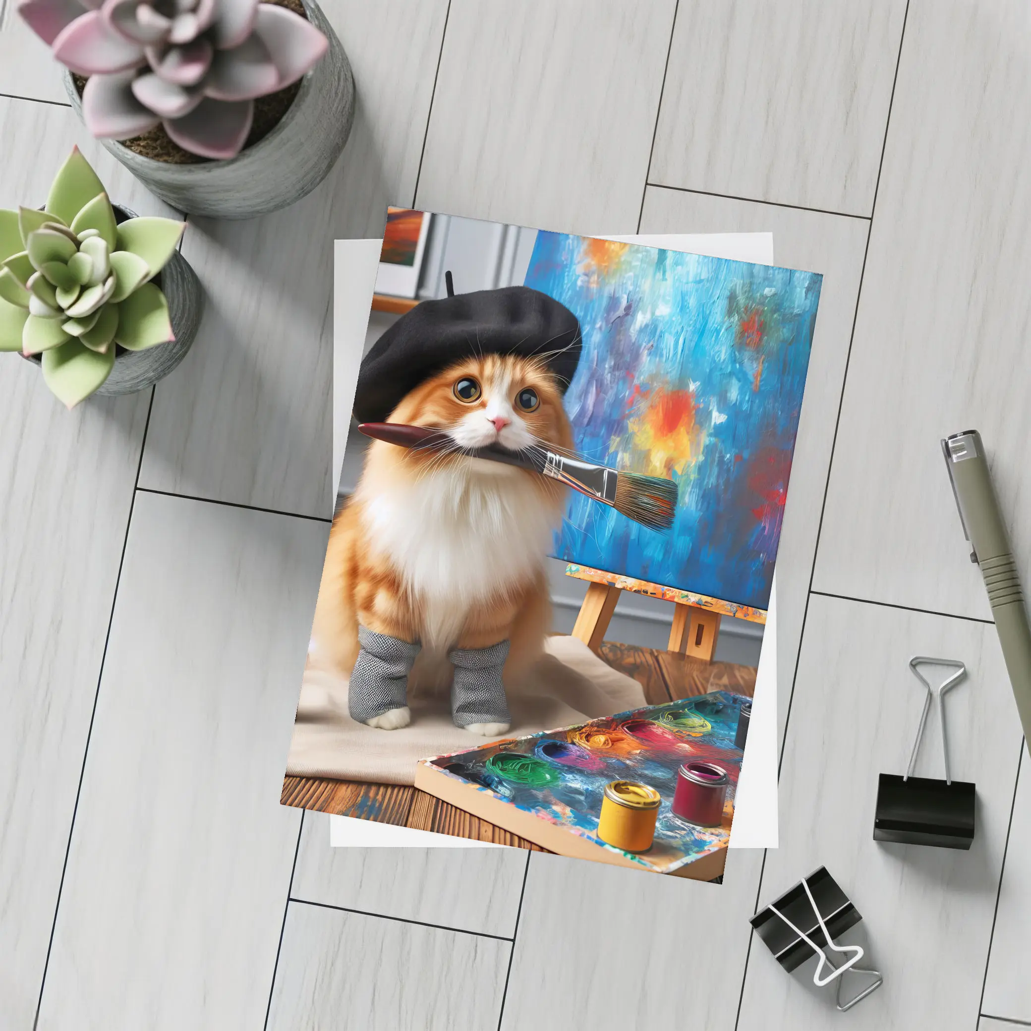 Orange Cat Artist Beret Painting Studio – Postcards
