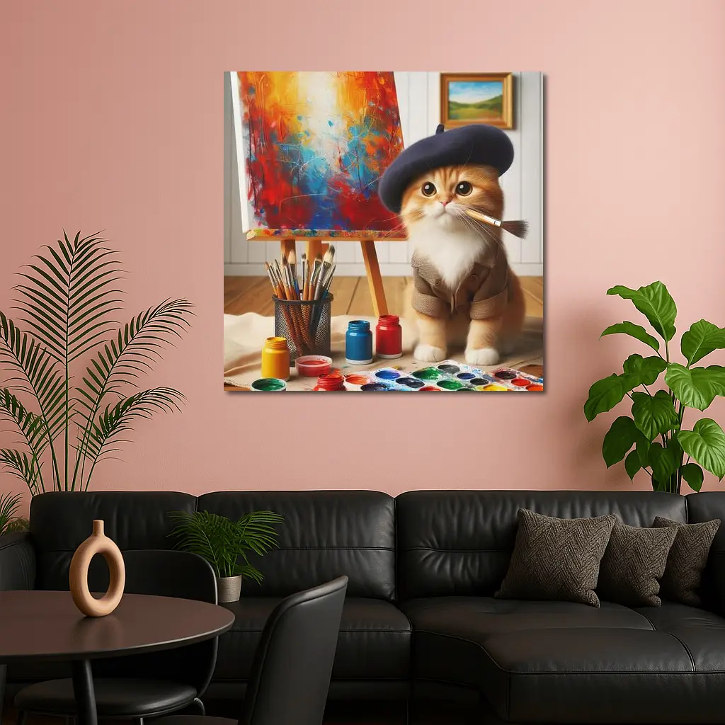Artist Cat in Beret Painting Studio – Wall Art