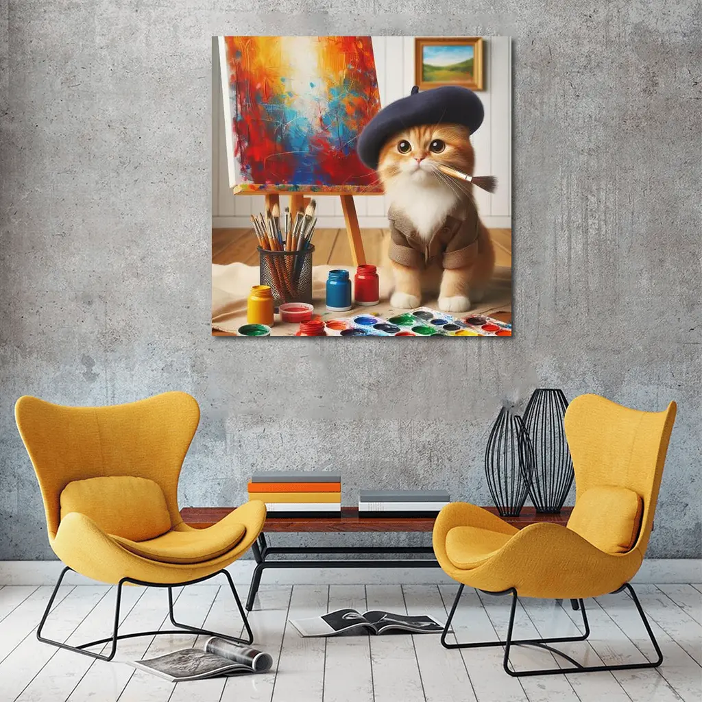 Artist Cat in Beret Painting Studio – Wall Art