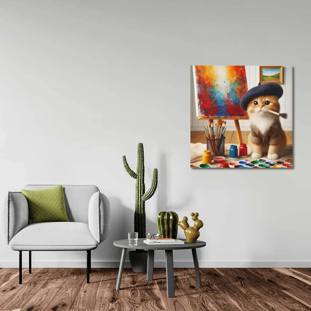 Artist Cat in Beret Painting Studio – Wall Art