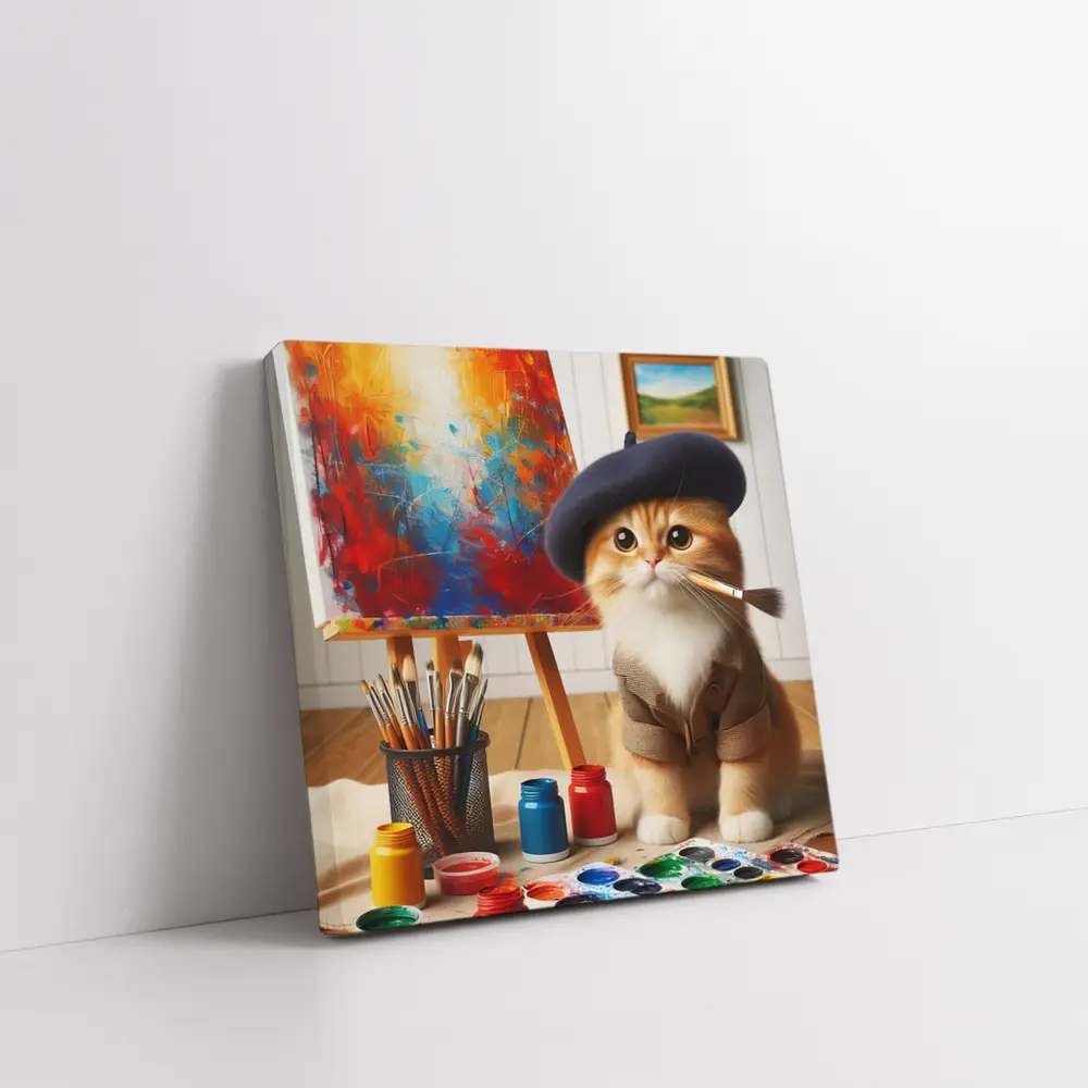 Artist Cat in Beret Painting Studio – Wall Art