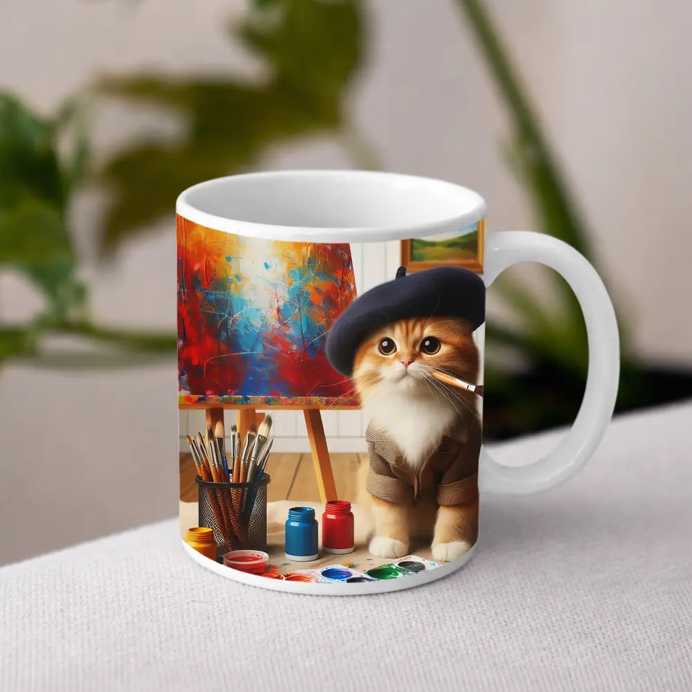 Artist Cat in Beret Painting Studio – Mugs