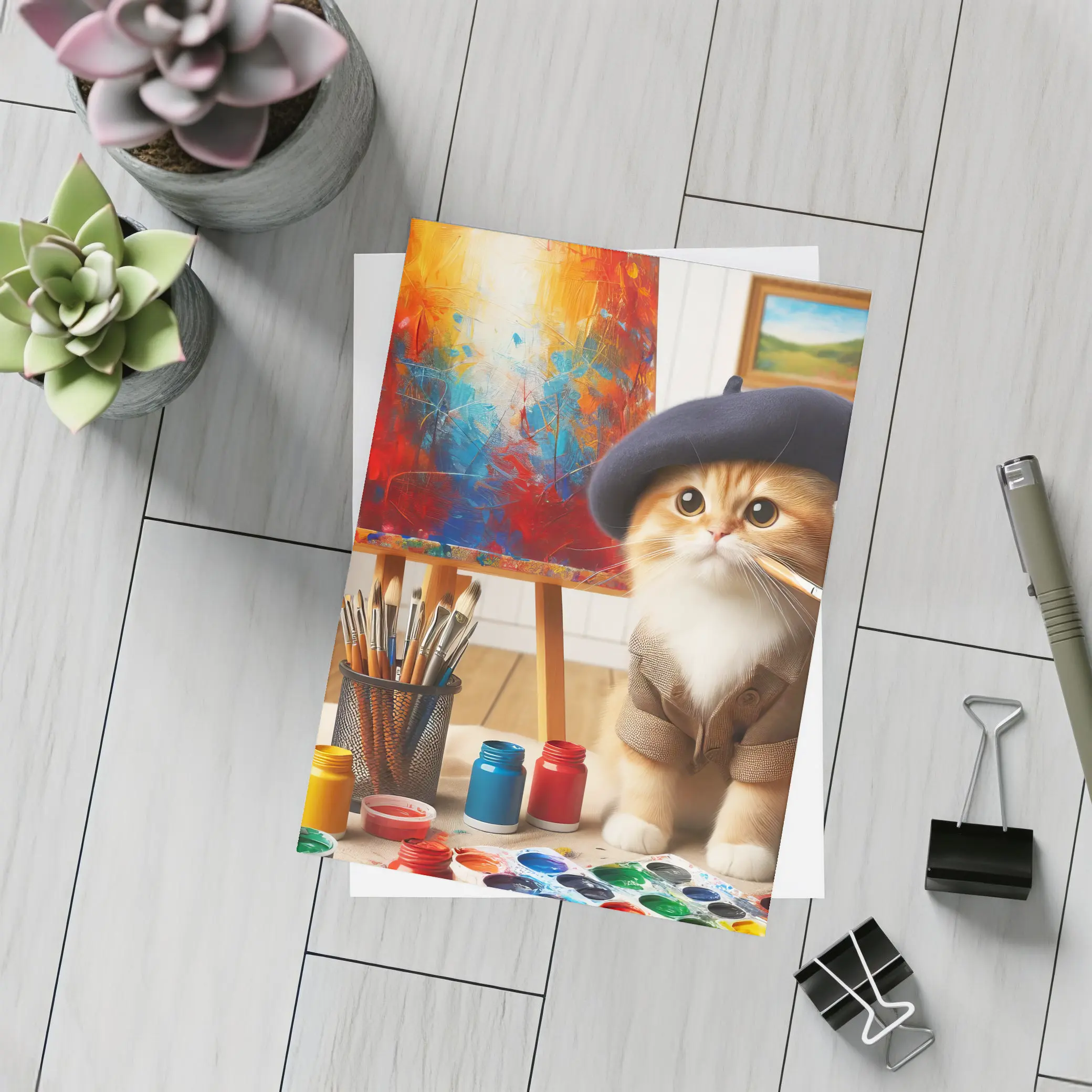 Artist Cat in Beret Painting Studio – Postcards