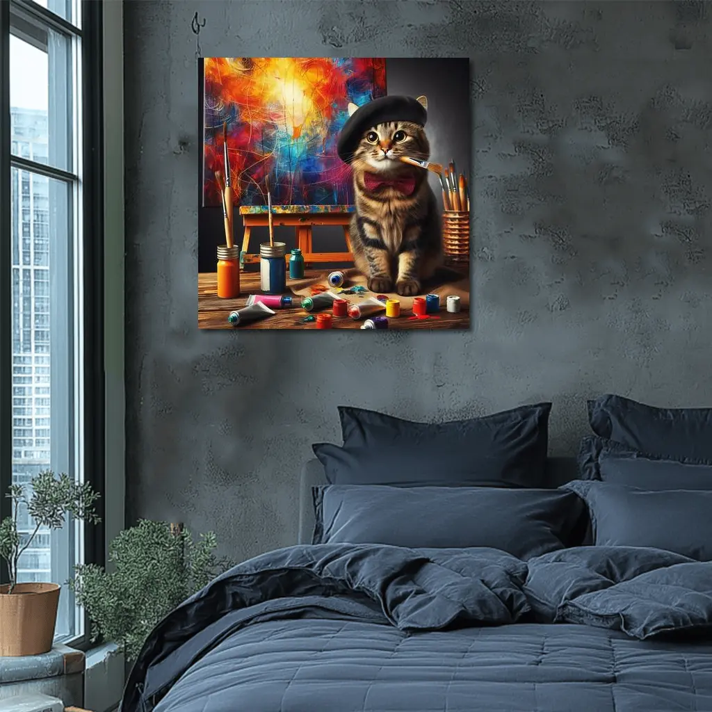 Artist Cat Beret Bow Tie Paint Studio – Wall Art