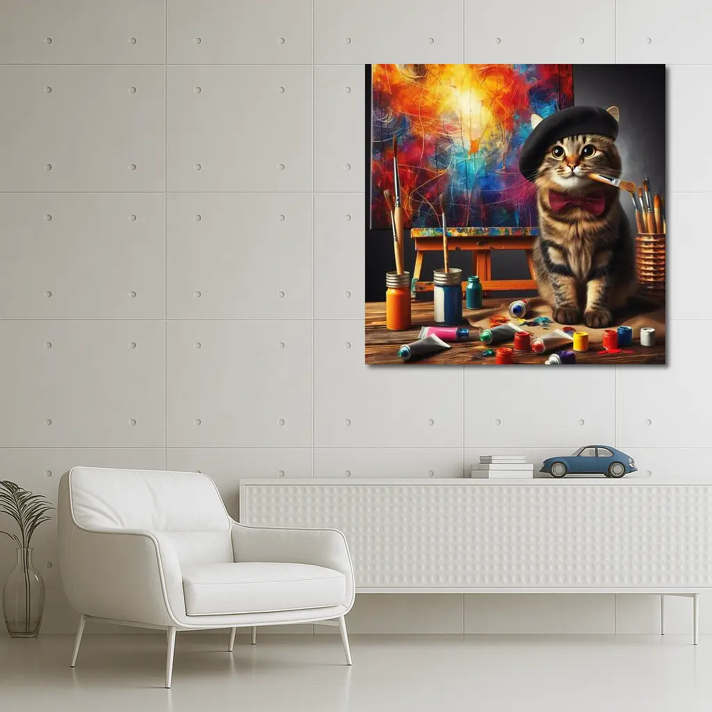 Artist Cat Beret Bow Tie Paint Studio – Wall Art