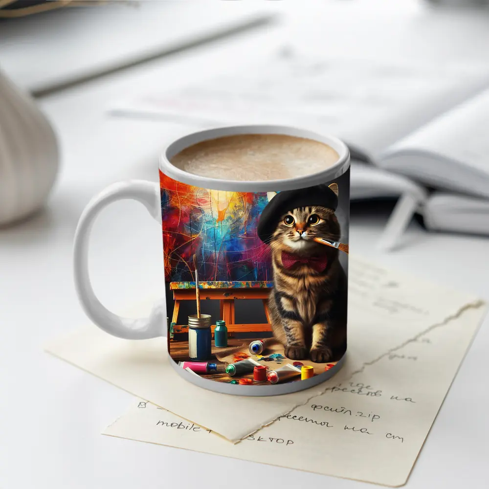Artist Cat Beret Bow Tie Paint Studio – Mugs