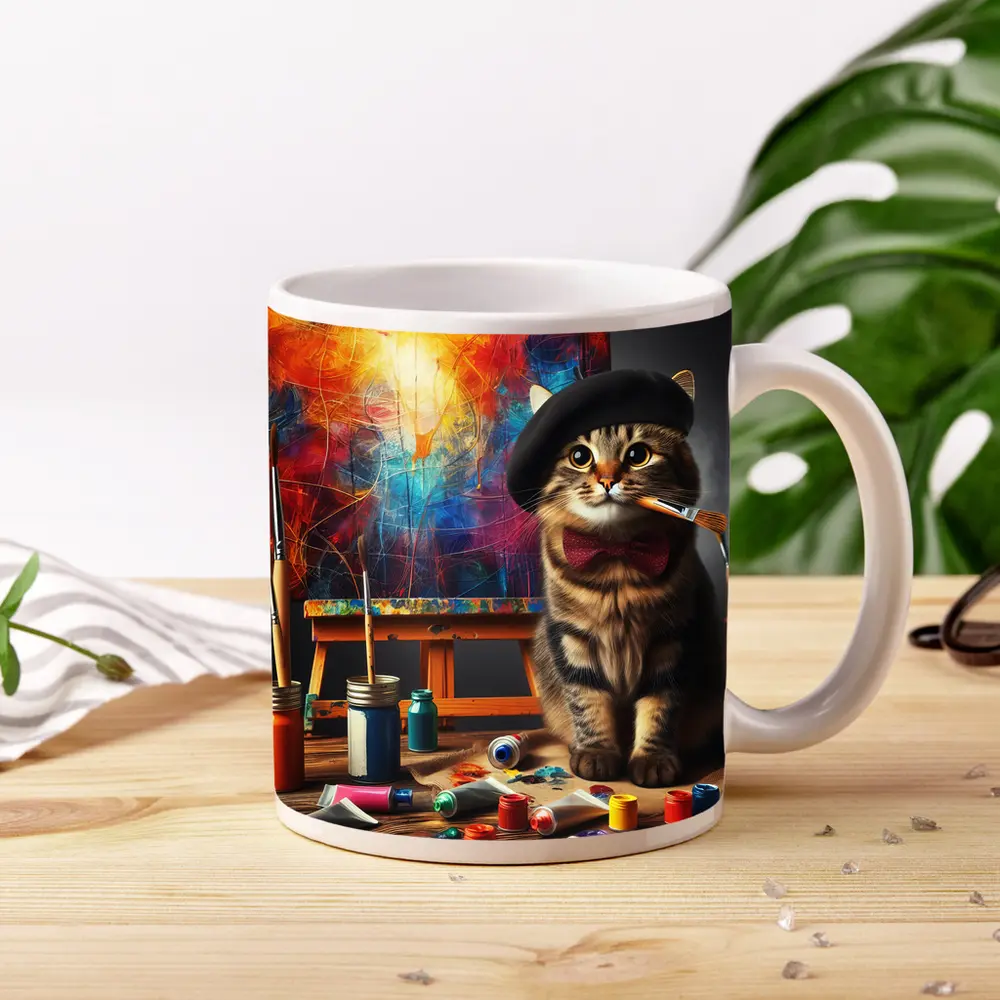 Artist Cat Beret Bow Tie Paint Studio – Mugs