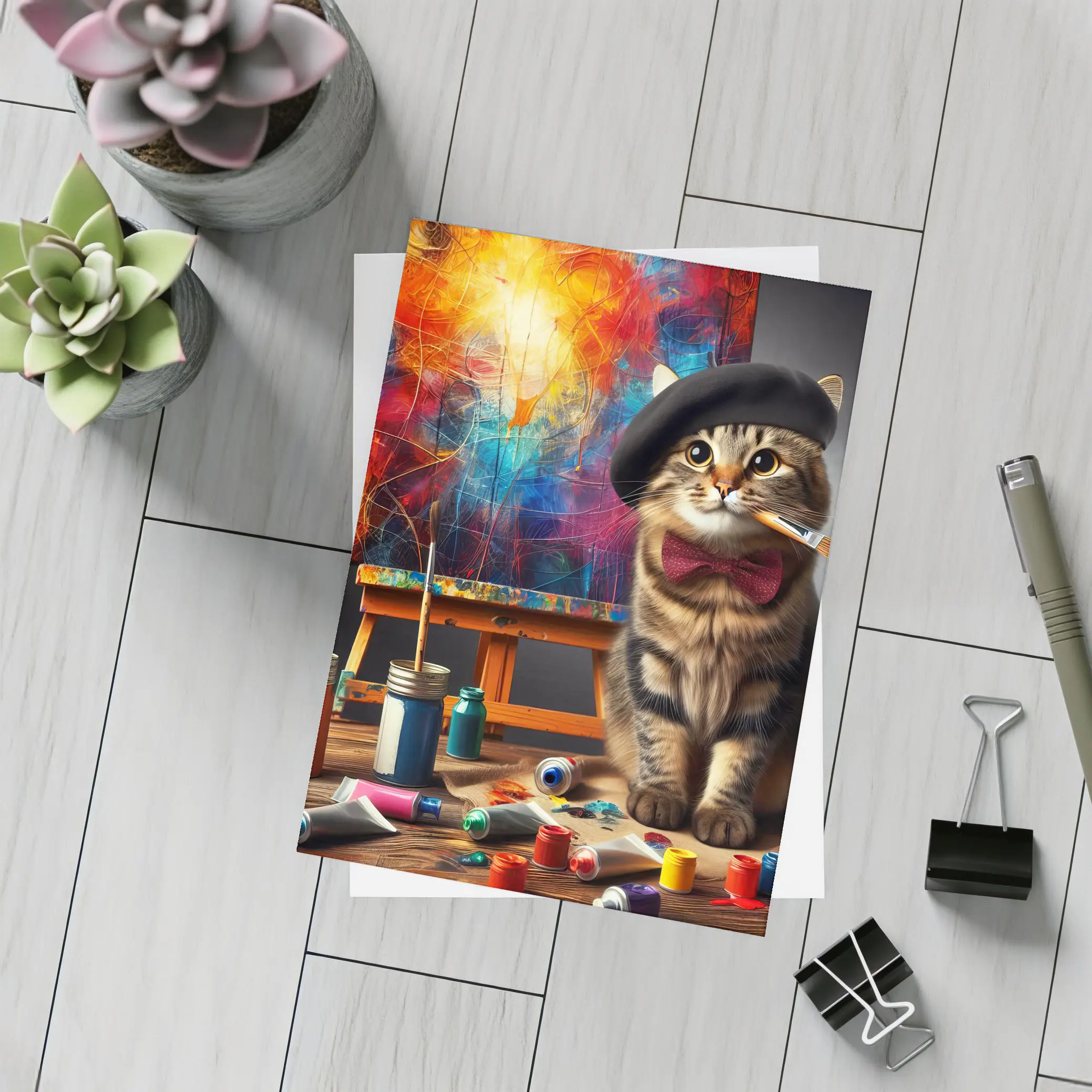Artist Cat Beret Bow Tie Paint Studio – Postcards