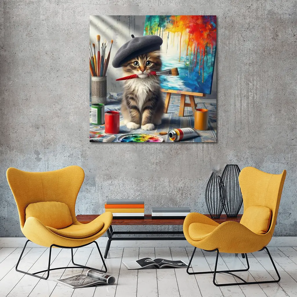 Kitten Artist Beret Painting Studio Canvas – Wall Art