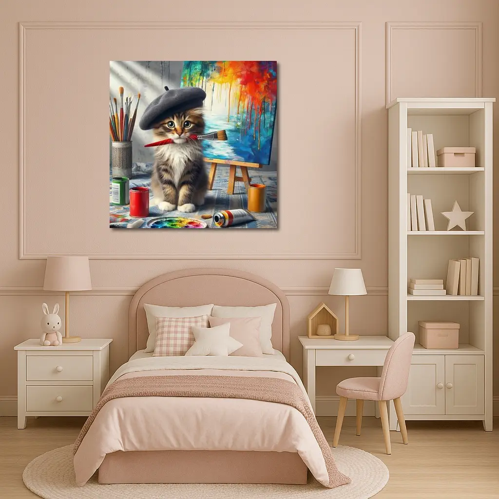 Kitten Artist Beret Painting Studio Canvas – Wall Art