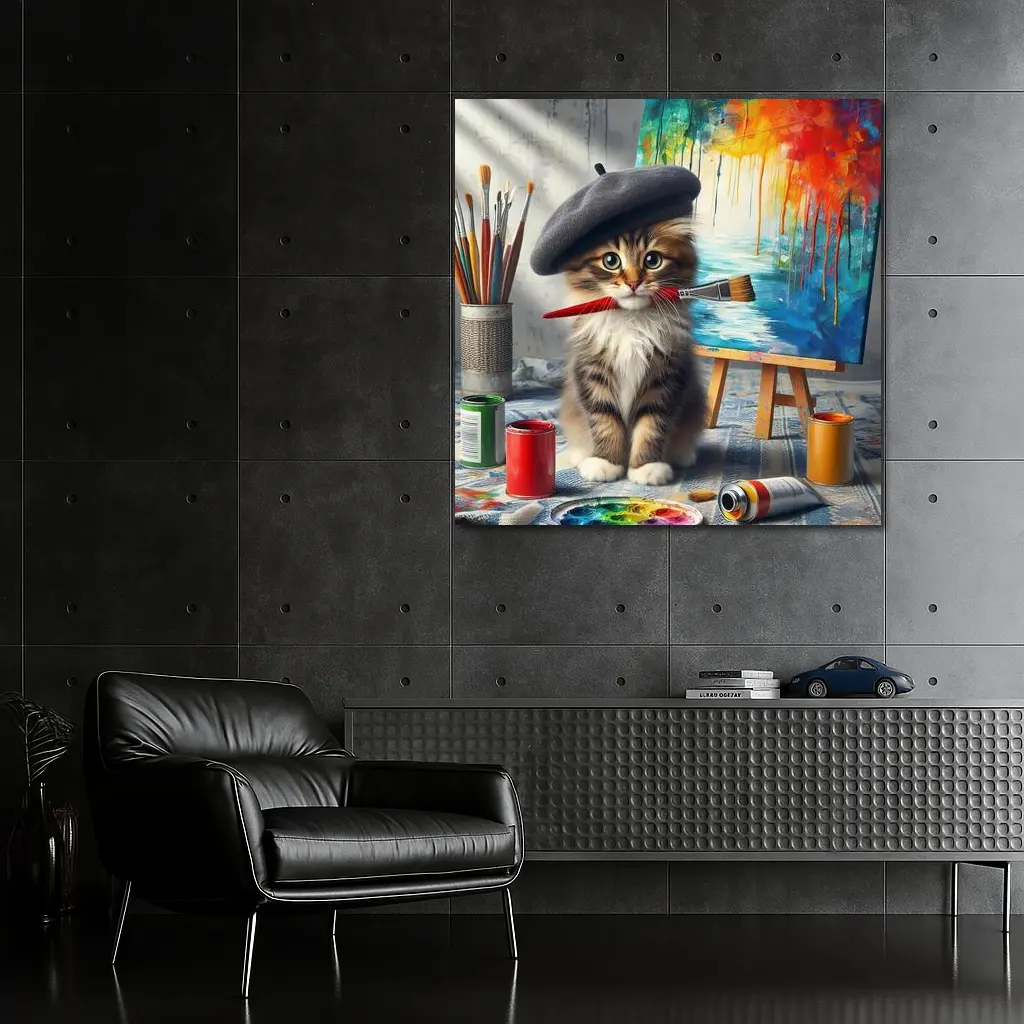 Kitten Artist Beret Painting Studio Canvas – Wall Art