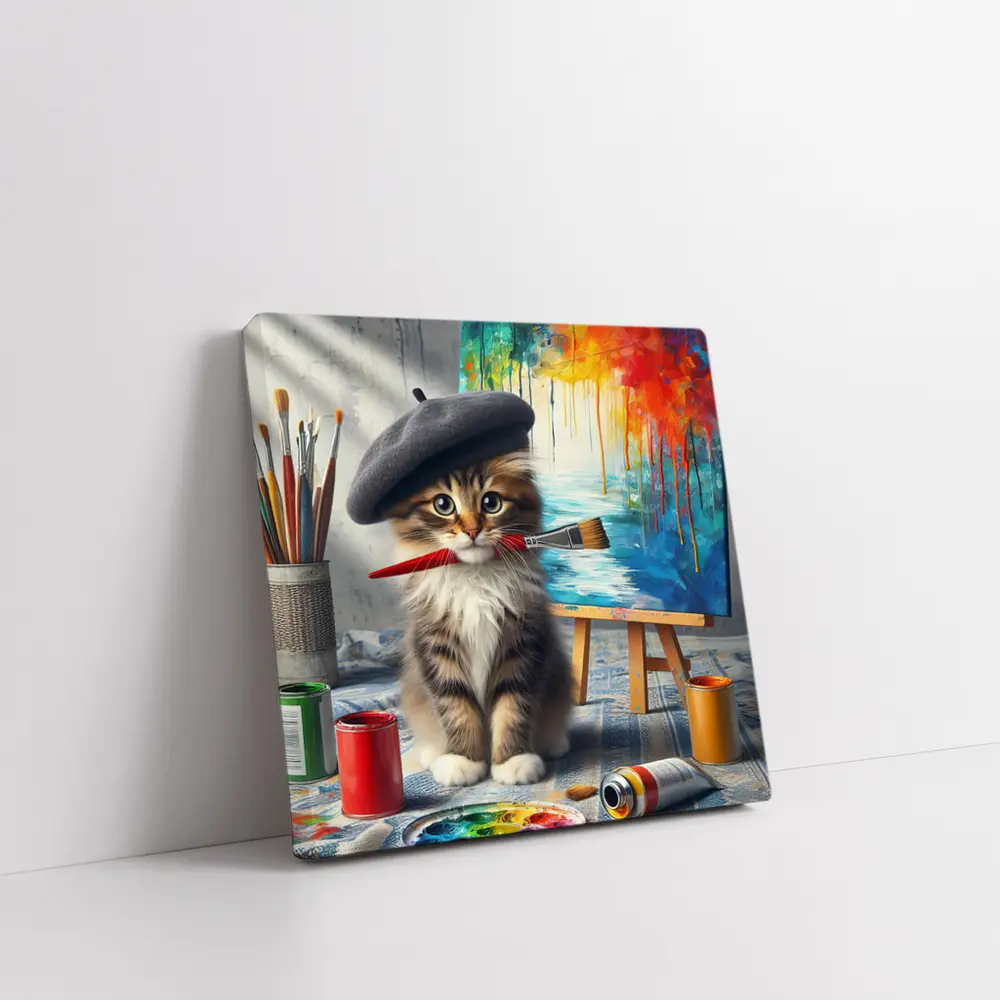 Kitten Artist Beret Painting Studio Canvas – Wall Art