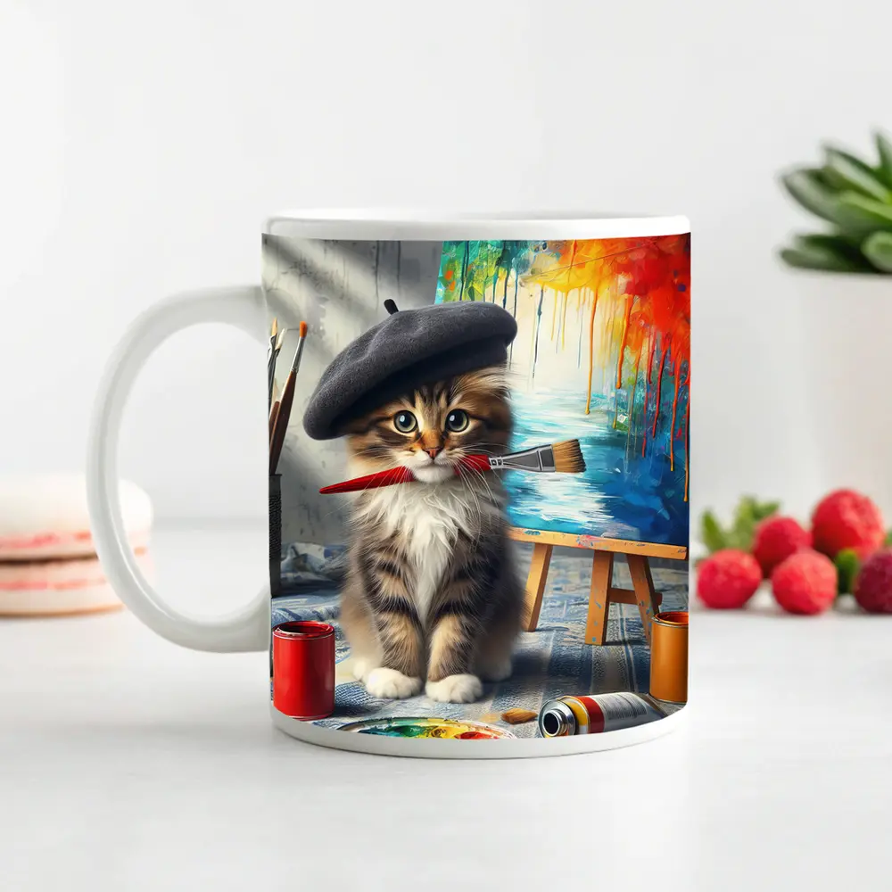 Kitten Artist Beret Painting Studio Canvas – Mugs