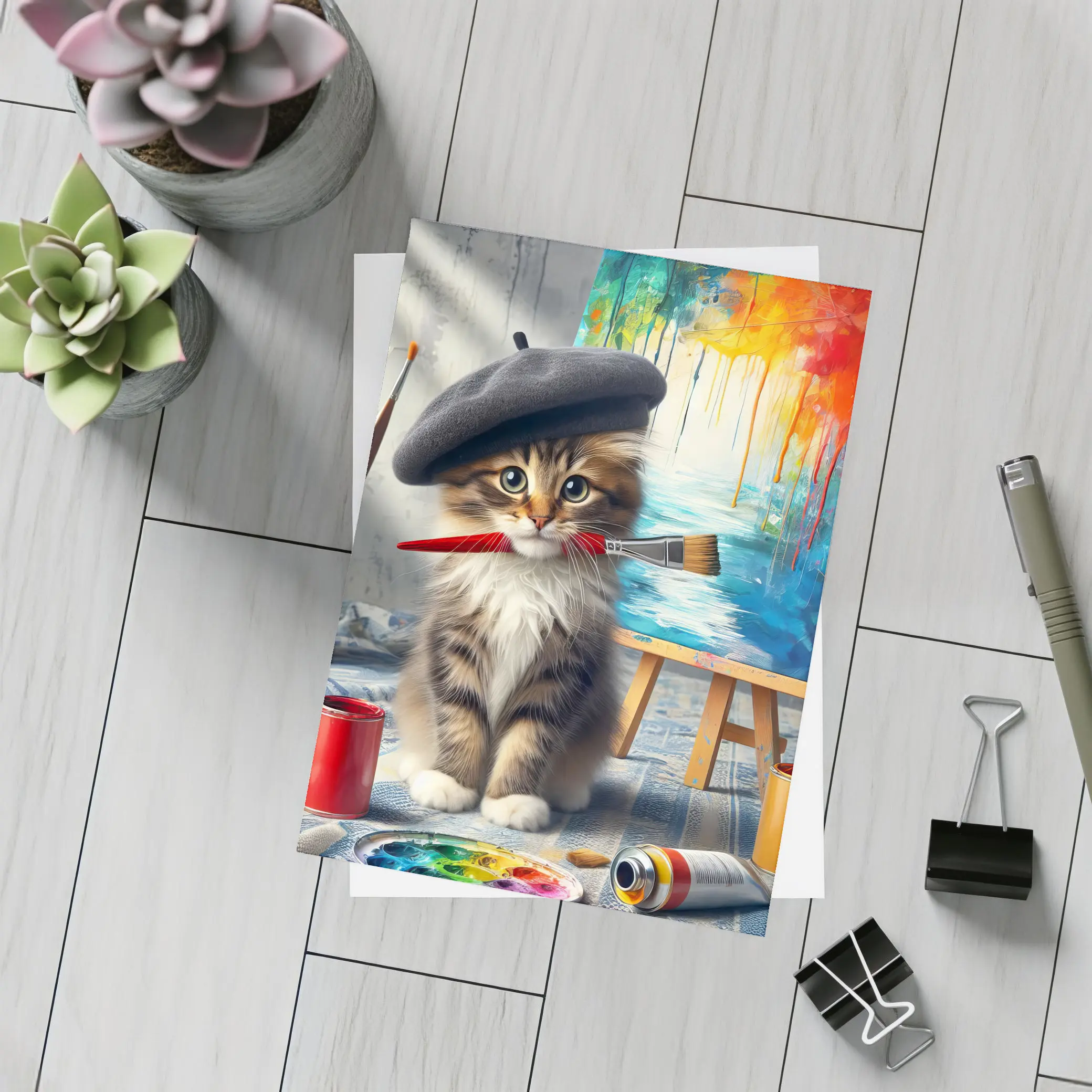 Kitten Artist Beret Painting Studio Canvas – Postcards