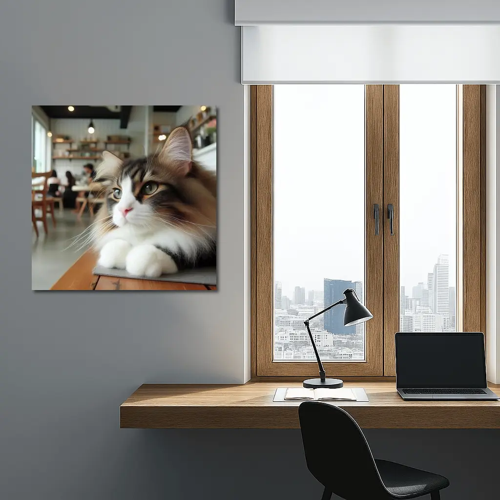 Norwegian Forest Cat Relaxing in Cozy Cafe – Wall Art