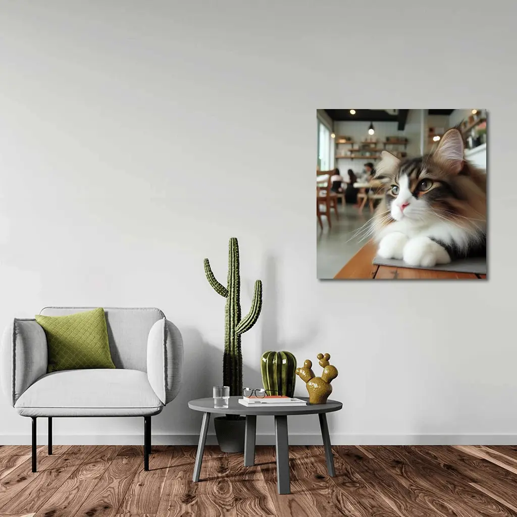 Norwegian Forest Cat Relaxing in Cozy Cafe – Wall Art