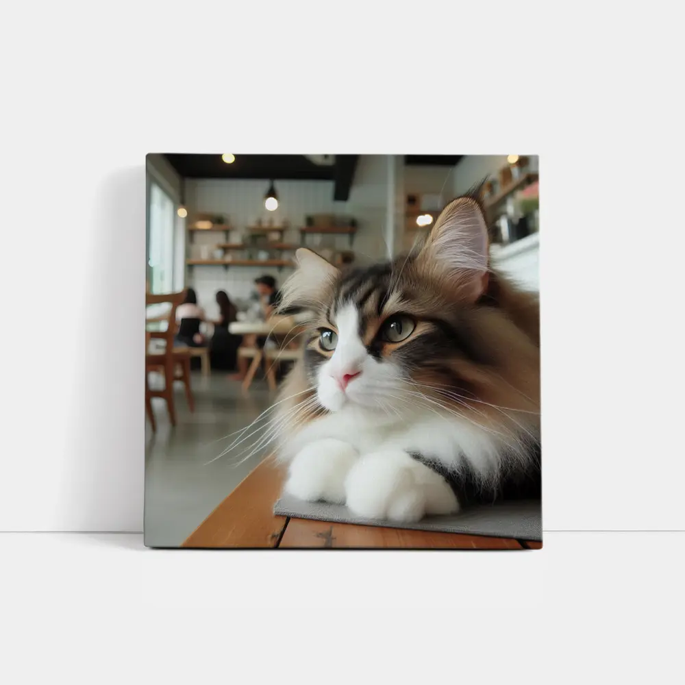 Norwegian Forest Cat Relaxing in Cozy Cafe – Wall Art