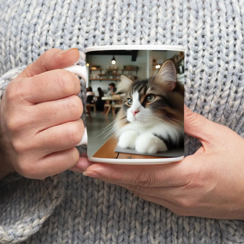 Norwegian Forest Cat Relaxing in Cozy Cafe – Mugs