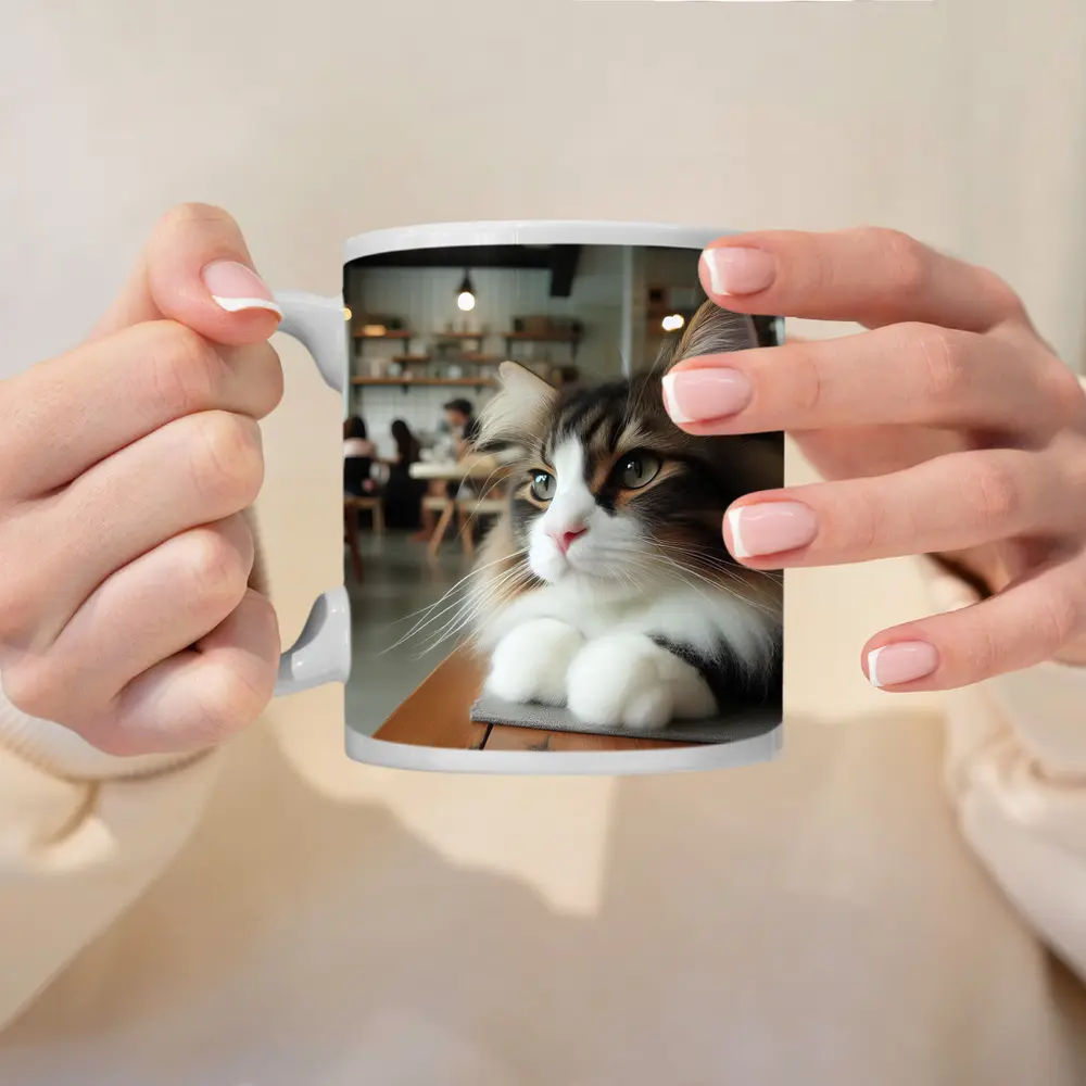 Norwegian Forest Cat Relaxing in Cozy Cafe – Mugs