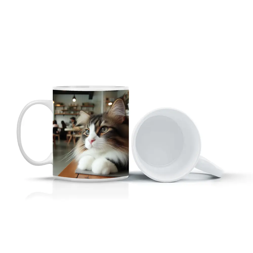 Norwegian Forest Cat Relaxing in Cozy Cafe – Mugs