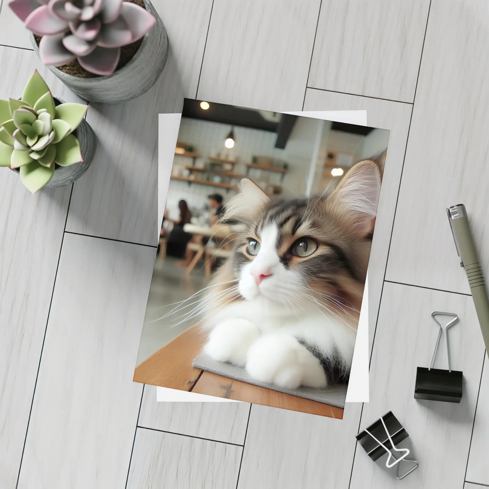 Norwegian Forest Cat Relaxing in Cozy Cafe – Postcards