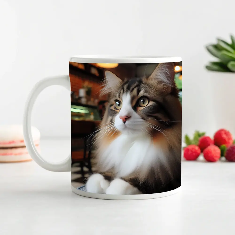 Norwegian Forest Cat Relaxing In Cozy Cafe – Mugs