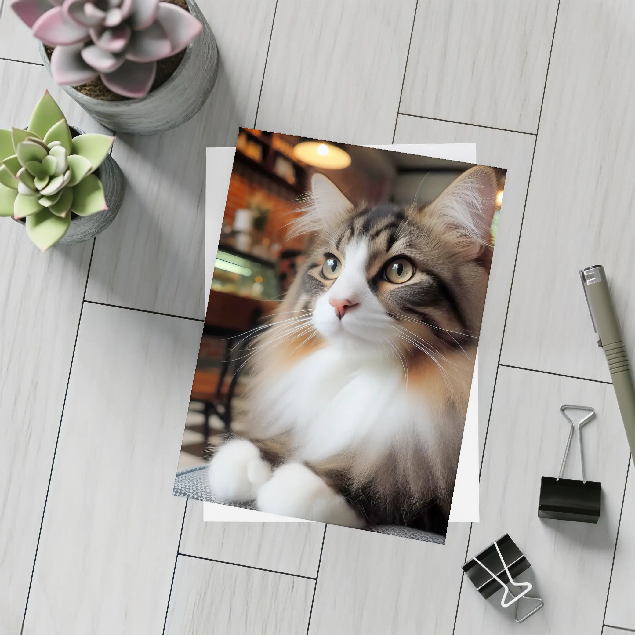 Norwegian Forest Cat Relaxing In Cozy Cafe – Postcards