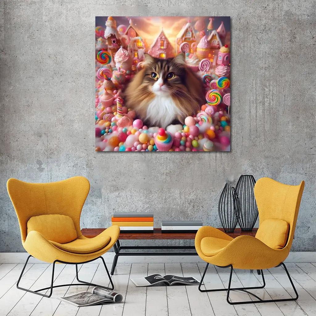 Fluffy Cat Surrounded by Colorful Candy Fantasy – Wall Art