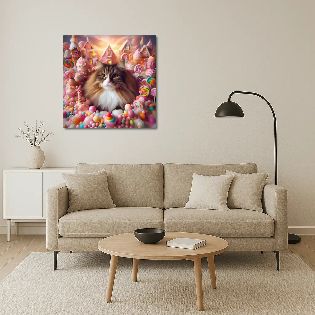 Fluffy Cat Surrounded by Colorful Candy Fantasy – Wall Art