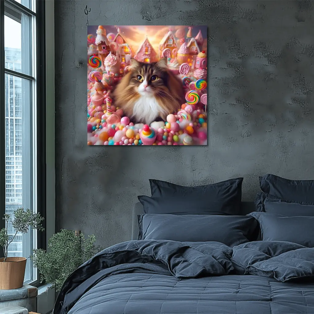 Fluffy Cat Surrounded by Colorful Candy Fantasy – Wall Art