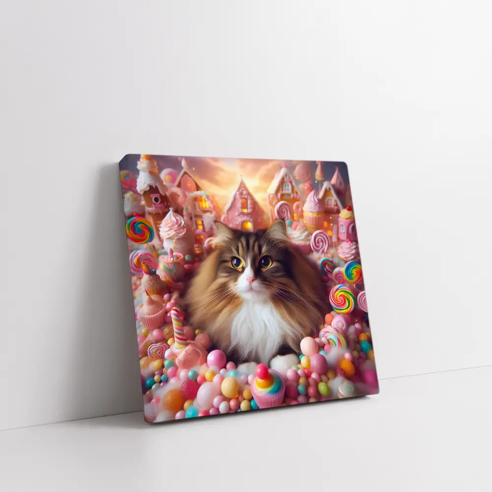 Fluffy Cat Surrounded by Colorful Candy Fantasy – Wall Art