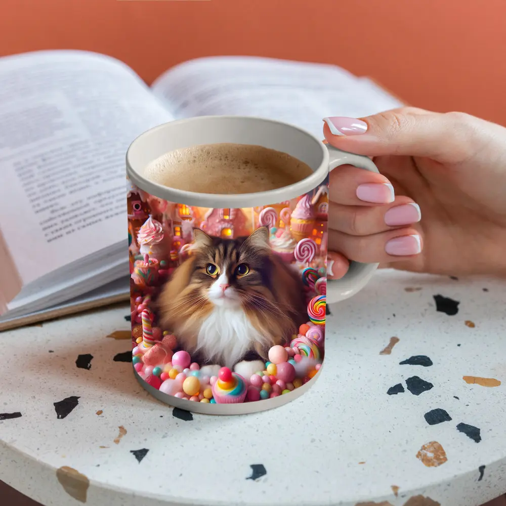 Fluffy Cat Surrounded by Colorful Candy Fantasy – Mugs
