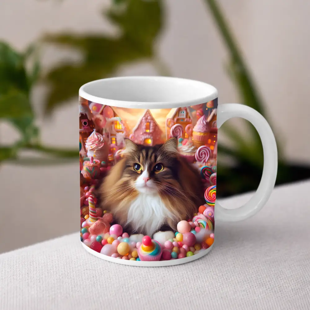 Fluffy Cat Surrounded by Colorful Candy Fantasy – Mugs