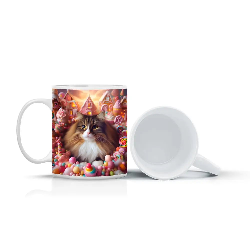 Fluffy Cat Surrounded by Colorful Candy Fantasy – Mugs